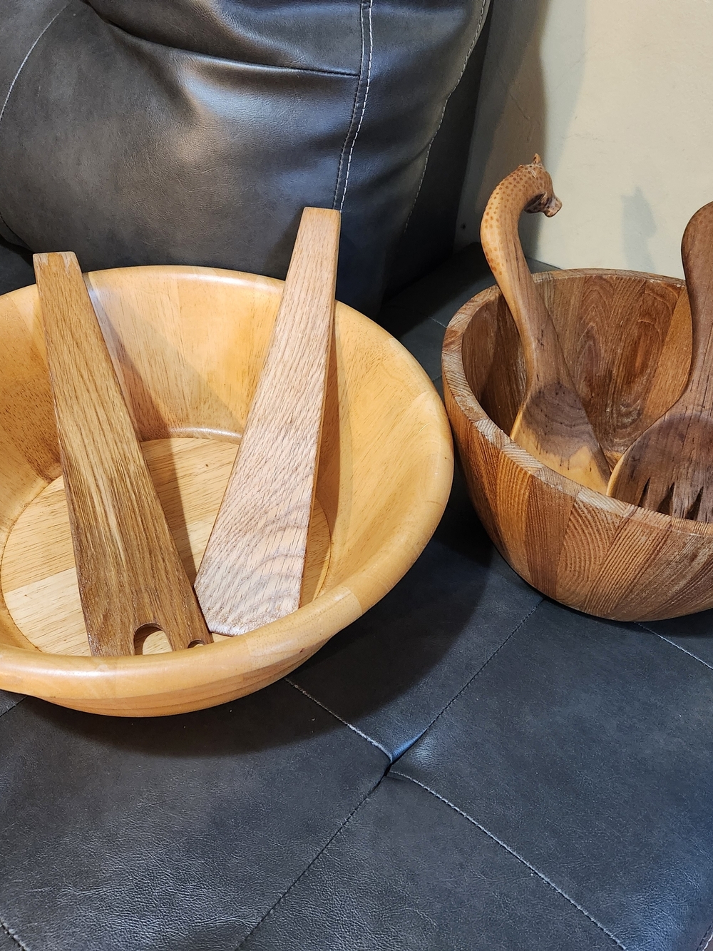 2 Vintage Wooden Salad Bowls and Serving Utensils - Natural Brown